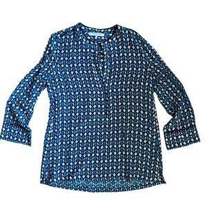 Gerard Darel Paris 100% Silk Geometric Print Blouse Blue Black White Size 36